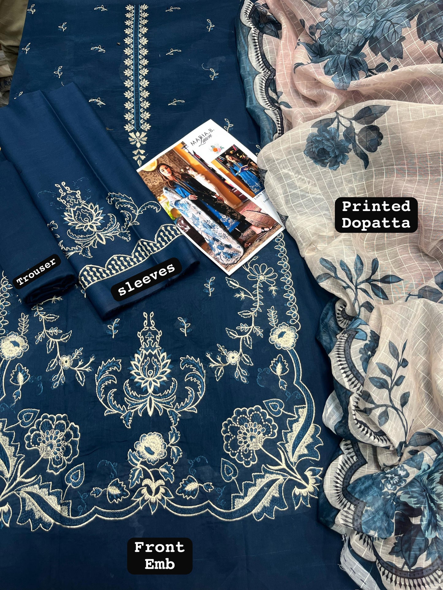 Deep Blue Embroidered Lawn Suit with Floral Voile Dupatta