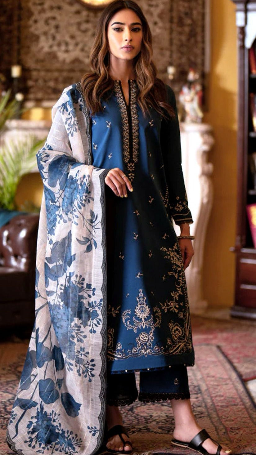 Deep Blue Embroidered Lawn Suit with Floral Voile Dupatta