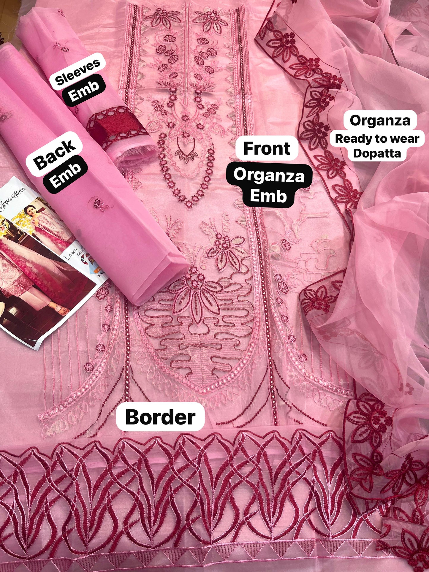 Blush Rose Embroidered Organza Suit with Silk Trouser & Dupatta