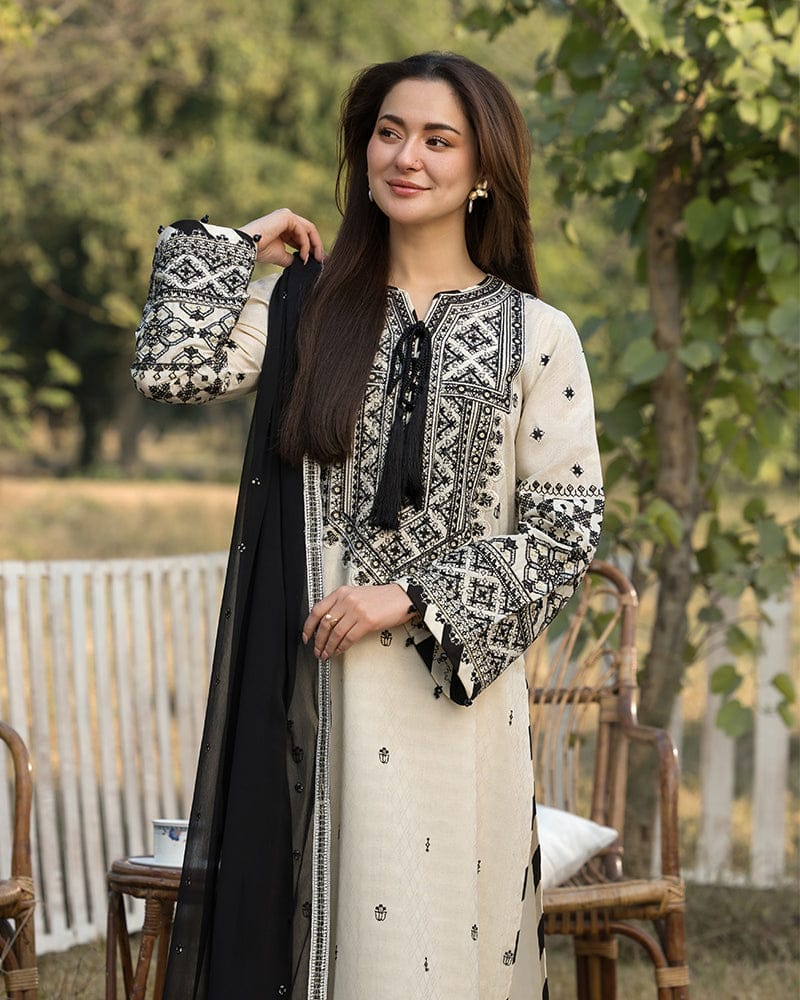 Black & Ivory Charm Embroidered Lawn Suit with Classic Dupatta