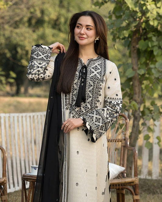 Black & Ivory Charm Embroidered Lawn Suit with Classic Dupatta