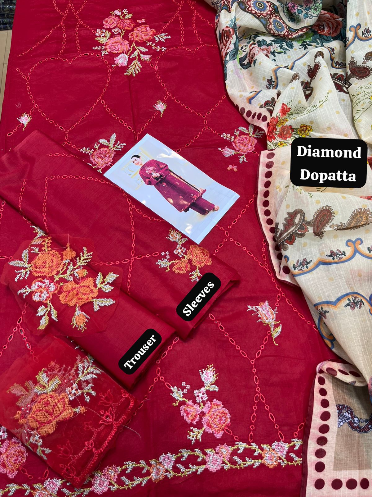 Crimson Bloom Embroidered Lawn Suit with Floral Print Dupatta