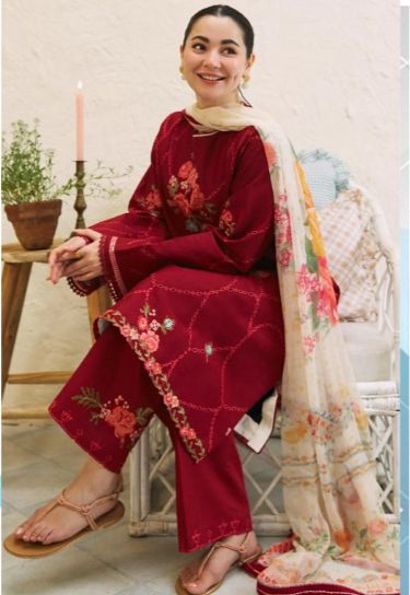 Crimson Bloom Embroidered Lawn Suit with Floral Print Dupatta