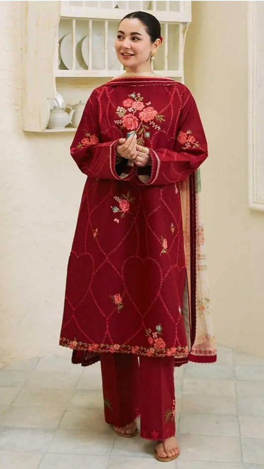 Crimson Bloom Embroidered Lawn Suit with Floral Print Dupatta