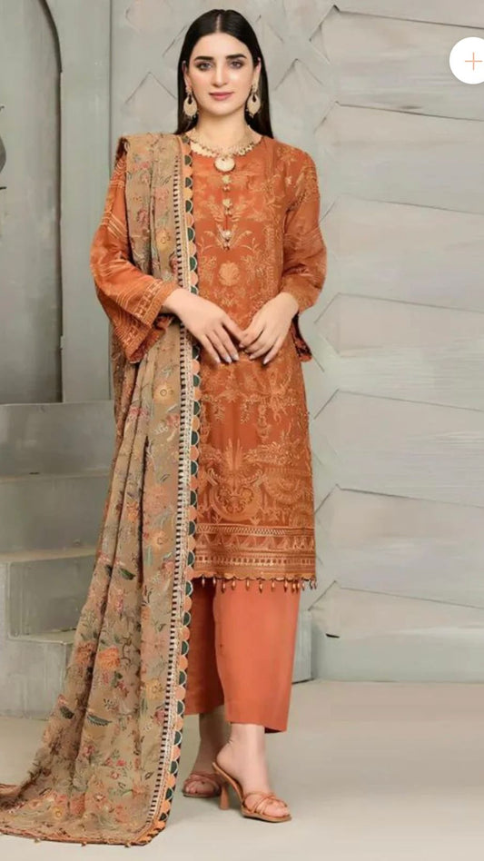 Terracotta Elegance Embroidered Lawn Suit with Printed Dupatta