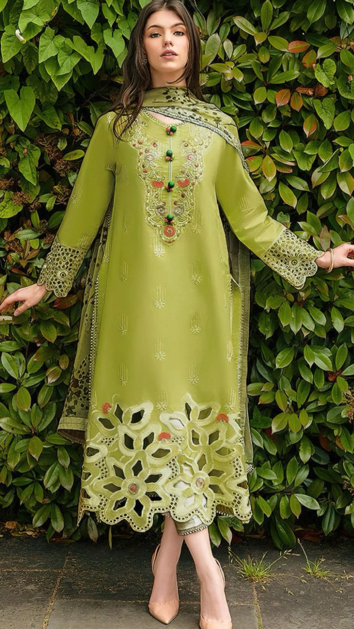 Olive Blossom Luxury Embroidered Lawn Suit with Cutwork Detailing