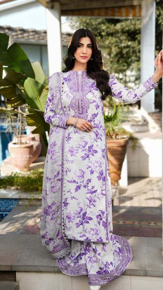 Lavender Bloom Floral Embroidered Lawn Suit with Dupatta