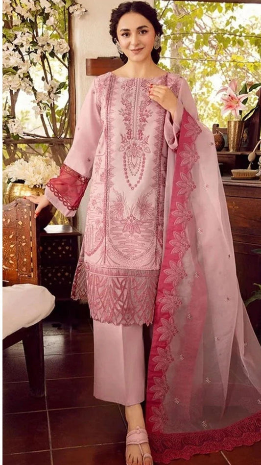 Blush Rose Embroidered Organza Suit with Silk Trouser & Dupatta