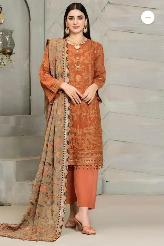Terracotta Elegance Embroidered Lawn Suit with Printed Dupatta