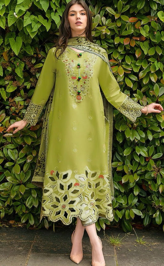 Olive Blossom Luxury Embroidered Lawn Suit with Cutwork Detailing